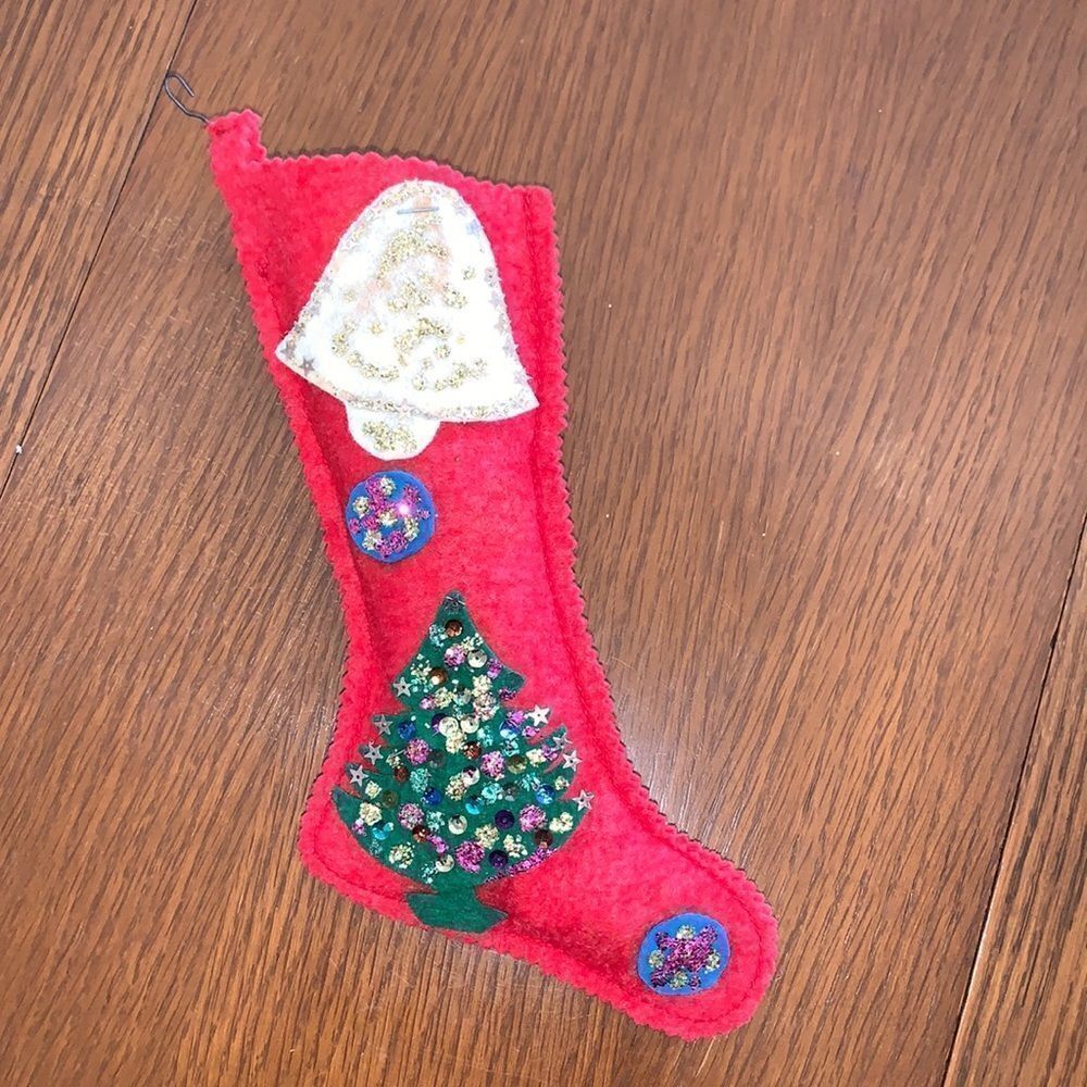 Vtg‎ 1969 hand decorated small red felt Christmas stocking
